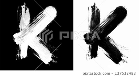 Brushstroke letter K in bold grunge style on split isolated black and white background, symbolizing contrast and creativity 137532488