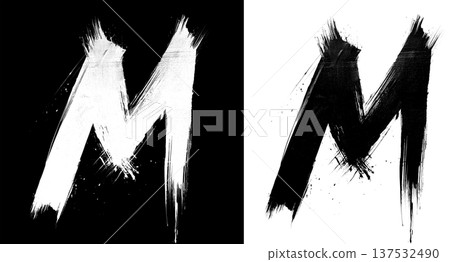 Brushstroke letter M in bold grunge style on split isolated black and white background, symbolizing contrast and creativity Brushstroke letter M in bold grunge style on split isolated black and white background, symbolizing contrast and creativity 137532490