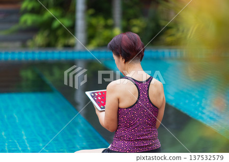 Senior asian woman have relax and recreation on swimming pool. 137532579