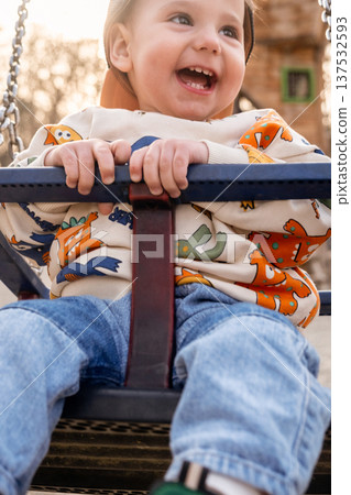Smiling child on swing with fox-patterned sweater Smiling child on swing with fox-patterned sweater 137532593