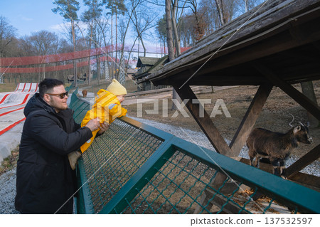 Father holding toddler at petting zoo enclosure Father holding toddler at petting zoo enclosure 137532597
