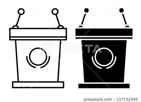 Linear icon. Podium equipped with microphones for answering pre election questions and communicating with press. Simple black and white vector symbol isolated on white background Linear icon. Podium equipped with microphones for answering pre election questions and communicating with press. Simple black and white vector symbol isolated on white background 137532846