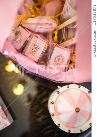 Luxury Pink Baby Shower Gift Basket with Gold Charms Close-Up 137532872