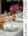Elegant Dinner Table Setting with Pink Roses and Appetizers 137532880