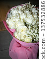 Elegant White Roses Bouquet with Gypsophila on Dark Background 137532886