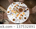 Kazakh national dastarkhan top view with traditional dishes and decor 137532891