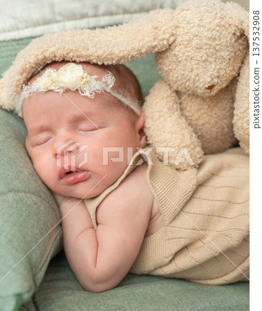 Peaceful newborn sleeping beside soft teddy toy. Ideal for baby product branding, childcare promotion and parenting publications. Peaceful newborn sleeping beside soft teddy toy. Ideal for baby product branding, childcare promotion and parenting publications. 137532908