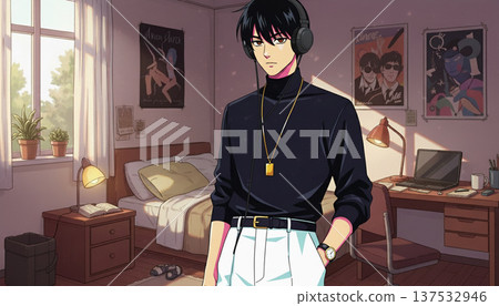 房間裡，一個男人戴著耳機聽音樂，低保真風格的動漫插畫，充滿90年代懷舊氣息的室內場景 137532946