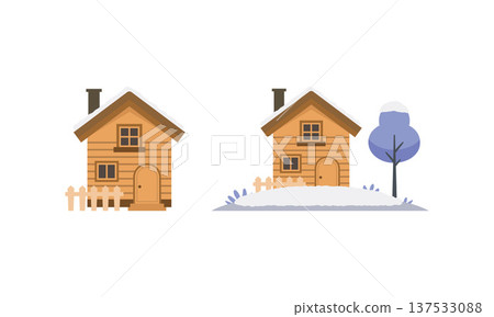 Snowy log cabin and winter nature landscape flat vector clip art 137533088