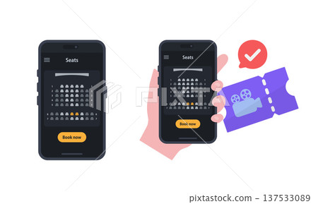 智慧型手機上用於線上預訂電影票的電影院訂票應用程式的扁平化向量插圖 137533089