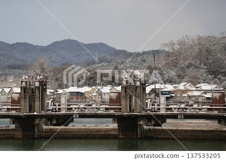 A landscape of gray winter skies, snow-covered mountains, trees, residential streets, and a wash dam A landscape of gray winter skies, snow-covered mountains, trees, residential streets, and a wash dam 137533205