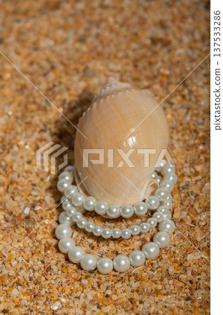 Luxury Pearl Necklaces On Beach. Sophisticated Pearl Necklaces Encircling Seashell On Sandy Shore 137533286