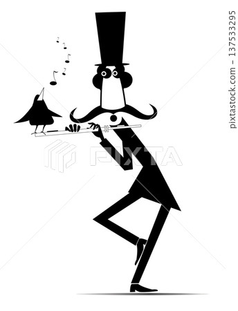 Cartoon musician playing flute. Singing bird. Funny man in the top hat playing flute to singing bird. Black and white illustration Cartoon musician playing flute. Singing bird. Funny man in the top hat playing flute to singing bird. Black and white illustration 137533295