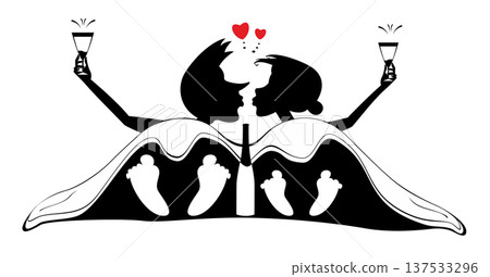 Love couple rendezvous. Bed and drinking.  Young man and woman drinking champagne or wine, laying in the bed under the blanket 137533296