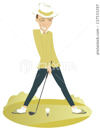 Summer day. Golfer man on the golf course. Golfer in the hat and sunglasses aiming to do a good shot 137533297