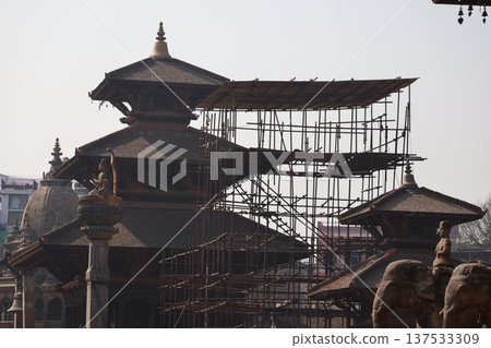 Cityscape view of Patan, Kathmandu, Nepal with scaffolding and brick buildings Cityscape view of Patan, Kathmandu, Nepal with scaffolding and brick buildings 137533309