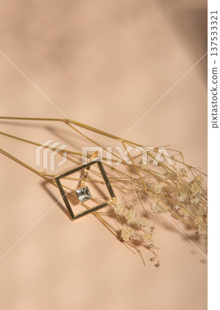Sophisticated Boutique Imagery Showcasing Goldframed Gemstone Ring With Preserved Floral Accents 137533321