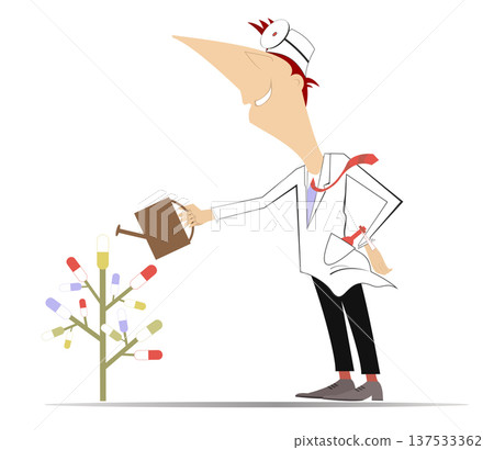 Cartoon doctor watering health tree. Cheerfulness doctor watering tree with pills on branches. Isolated on white background 137533362