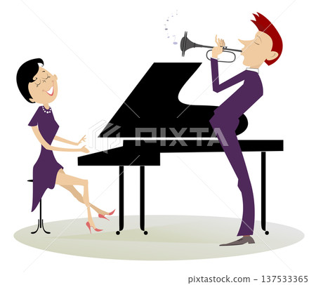 Couple musicians. Pianist woman and trumpeter man. Expressive duet of pianist woman and trumpeter man. Isolated on white background 137533365
