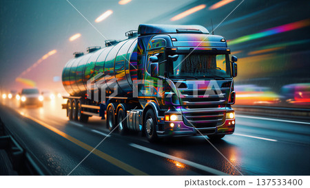 Vibrant Tanker Truck Speeds Through a Luminous Tunnel at Night. A colorful tanker truck speeds through a brightly lit tunnel at night. 137533400
