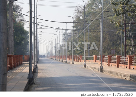 Landscape of Lumbini, Nepal with hazy sky and forest park with trees on both sides of the road Landscape of Lumbini, Nepal with hazy sky and forest park with trees on both sides of the road 137533520