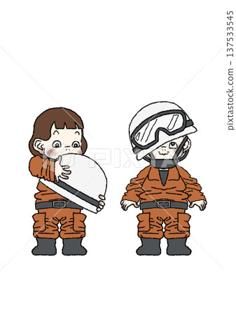 A comical full-body illustration (white background) of a child whose baggy rescue uniform is out of place during a work experience. A comical full-body illustration (white background) of a child whose baggy rescue uniform is out of place during a work experience. 137533545