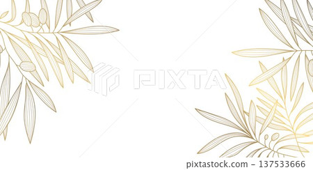 Vintage olive tree illustration, hand drawn branches and line art. Botanical vector gold corners design, Mediterranean Italian, Greek character, olive oil labels, food packaging,organic product 137533666