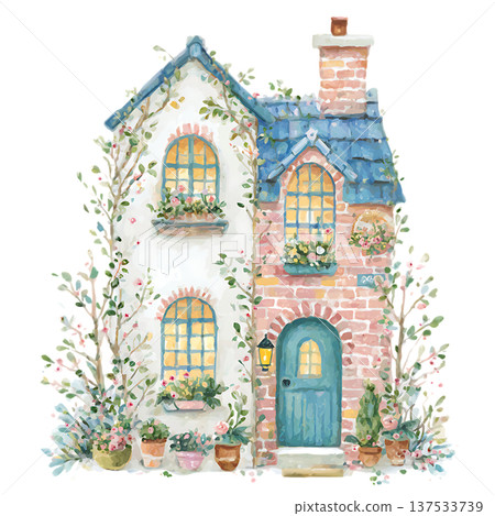 a wooden house with a tree on a white background 137533739