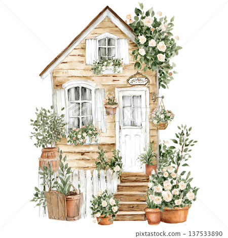a wooden house with a tree on a white background 137533890