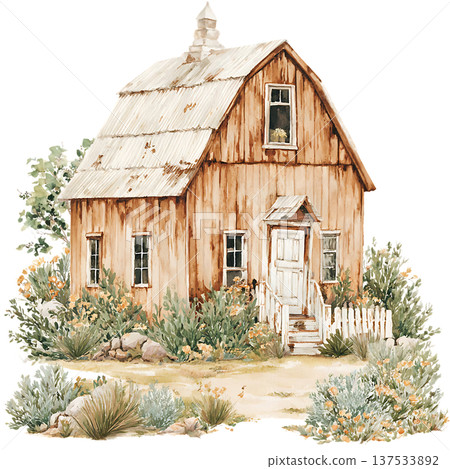 a wooden house with a tree on a white background 137533892