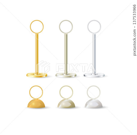 Metal card holder stand with clip for memo display on table. Blank sign template for business info, restaurant menu, or office desk presentation. Vector 137533966