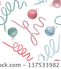 Watercolor seamless pattern with Christmas baubles and flowing ribbons in muted pink, blue and green tones. Watercolor hand drawn illustration year for wrapping paper, textiles and holiday decor. 137533982