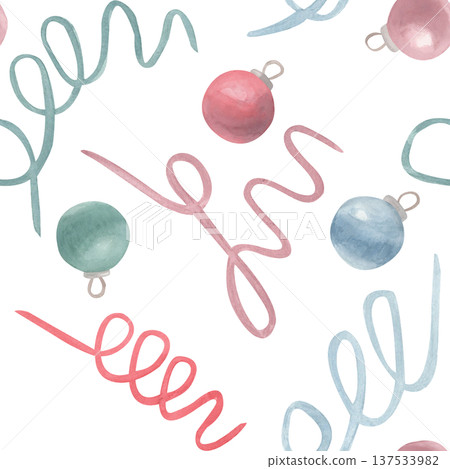 Watercolor seamless pattern with Christmas baubles and flowing ribbons in muted pink, blue and green tones. Watercolor hand drawn illustration year for wrapping paper, textiles and holiday decor. 137533982