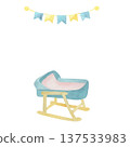Template for cards Watercolor illustration of a baby cradle on a rocking stand with festive bunting in soft pastel colors. Cute nursery artwork suitable for prints, cards, baby shower designs, decor 137533983