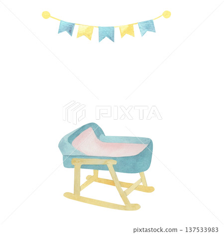 Template for cards Watercolor illustration of a baby cradle on a rocking stand with festive bunting in soft pastel colors. Cute nursery artwork suitable for prints, cards, baby shower designs, decor 137533983