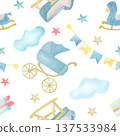 Watercolor seamless pattern with baby carriage, rocking horse, stars, clouds and bunting in soft pastel tones. Cute nursery illustration for textiles, wallpaper, wrapping paper and prints, party decor 137533984