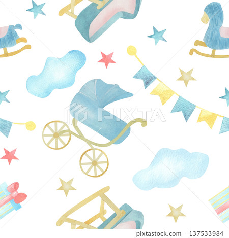 Watercolor seamless pattern with baby carriage, rocking horse, stars, clouds and bunting in soft pastel tones. Cute nursery illustration for textiles, wallpaper, wrapping paper and prints, party decor 137533984
