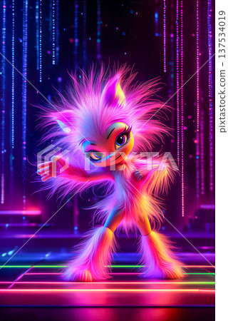 Glowing Furball Dancing Under Neon Lights. A vibrant, animated character with fluffy, multicolored fur dancing under neon lights. Glowing Furball Dancing Under Neon Lights. A vibrant, animated character with fluffy, multicolored fur dancing under neon lights. 137534019