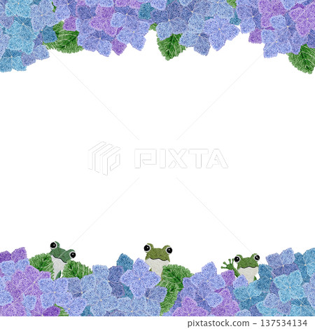 【繡球花與青蛙捉迷藏上下框】手工刺繡插畫素材 137534134