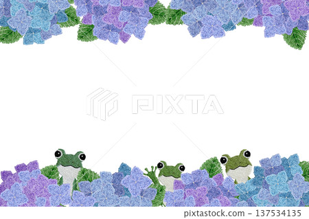 【繡球花與青蛙捉迷藏上下框】手工刺繡插畫素材 137534135