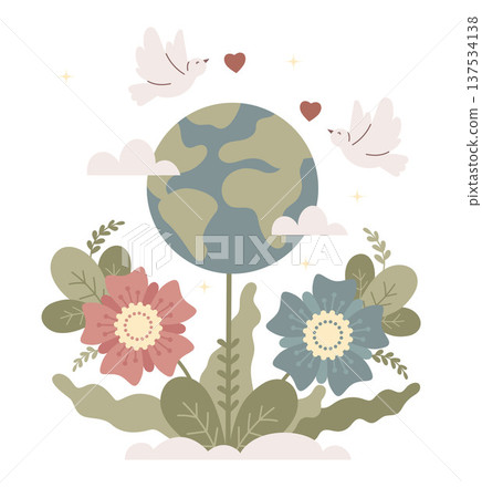 World Peace and Global Ecology. Planet Earth, Blooming Flowers and Pair White Birds Doves with Hearts. Vector Flat Illustration. Concept Environmental Awareness World Peace and Global Ecology. Planet Earth, Blooming Flowers and Pair White Birds Doves with Hearts. Vector Flat Illustration. Concept Environmental Awareness 137534138