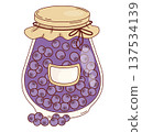 Purple Homemade Blueberry Jam in Glass Jar with Label and Paper Lid. Vector Illustration. Isolated Sweet Preparations on White Background 137534139