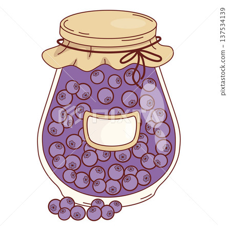 Purple Homemade Blueberry Jam in Glass Jar with Label and Paper Lid. Vector Illustration. Isolated Sweet Preparations on White Background Purple Homemade Blueberry Jam in Glass Jar with Label and Paper Lid. Vector Illustration. Isolated Sweet Preparations on White Background 137534139