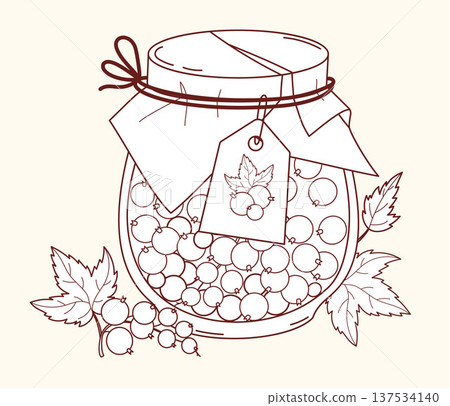 Outline Fresh Berries Currants in Glass Jar with Craft Paper Lid and Label tag. Vector Illustration. Isolated Line drawing, coloring page Outline Fresh Berries Currants in Glass Jar with Craft Paper Lid and Label tag. Vector Illustration. Isolated Line drawing, coloring page 137534140