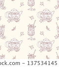 Seamless Pattern with Outline Teapot and Glassware for Currant Tea. Fruit Seasonal Drink with Ice Cubes, Berries, Mint in Glass on Light Background. Line drawing. Vector Square Illustration 137534145