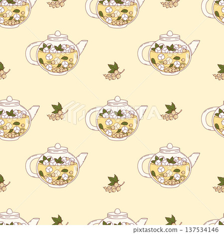 Fruit Tea with White Currants Seamless Pattern. Refreshing Seasonal Drink with Ice Cubes, Berries, Mint in Glass Teapot on Yellow Background. Vector Square Illustration 137534146