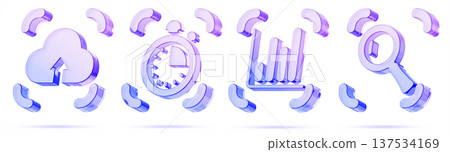 Glass business analytics icon 3d set - chart, statistics graph, magnifier, cloud upload arrow, stopwatch with holographic gradient. Financial marketing, online trading, analysis data. 3D illustration Glass business analytics icon 3d set - chart, statistics graph, magnifier, cloud upload arrow, stopwatch with holographic gradient. Financial marketing, online trading, analysis data. 3D illustration 137534169