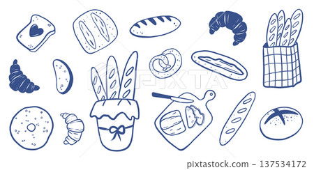 Hand drawn bread, bakery products and pastries. Fresh and natural bread, rolls, baguettes, donuts, bagels and croissants perfect for menus, packaging, posters and social media. Hand drawn bread, bakery products and pastries. Fresh and natural bread, rolls, baguettes, donuts, bagels and croissants perfect for menus, packaging, posters and social media. 137534172