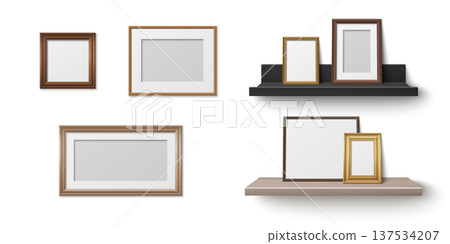 Realistic wooden shelf with empty frames mockup Realistic wooden shelf with empty frames mockup 137534207