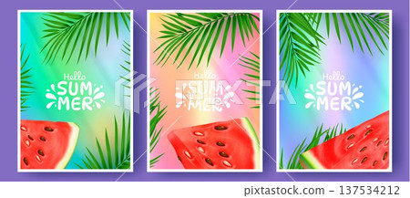 Colorful tropical posters with juicy watermelon Colorful tropical posters with juicy watermelon 137534212